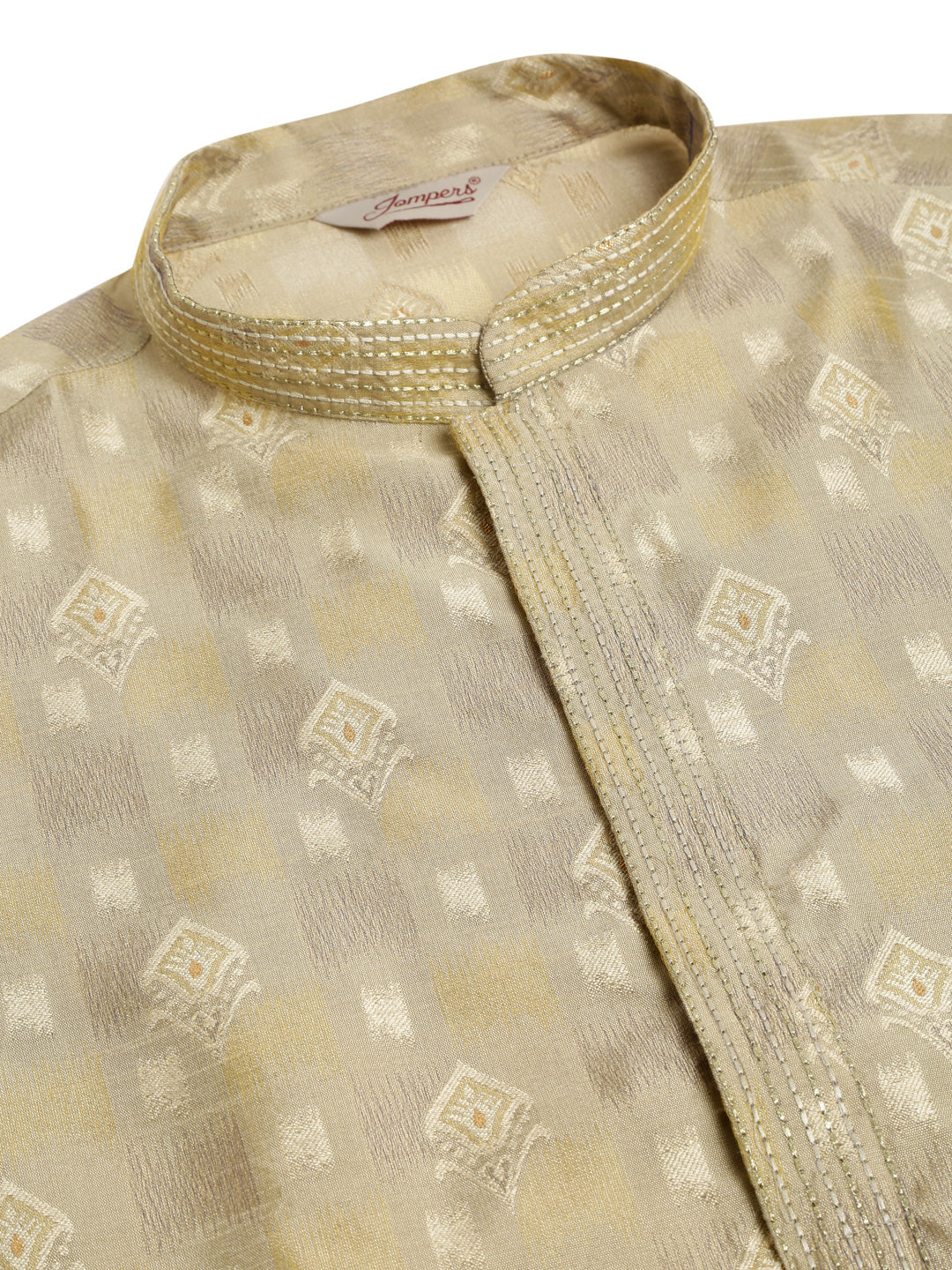 Men's Beige Collar Embroidered Woven Design Kurta Pyjama ( Ko 672 Beige ) - Virat Fashions