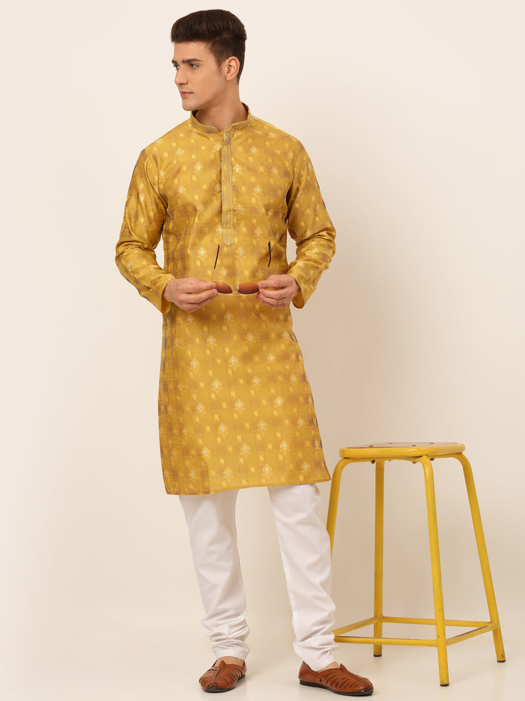 Men's Mustard Collar Embroidered Woven Design Kurta Pyjama ( Ko 672 Mustard ) - Virat Fashions