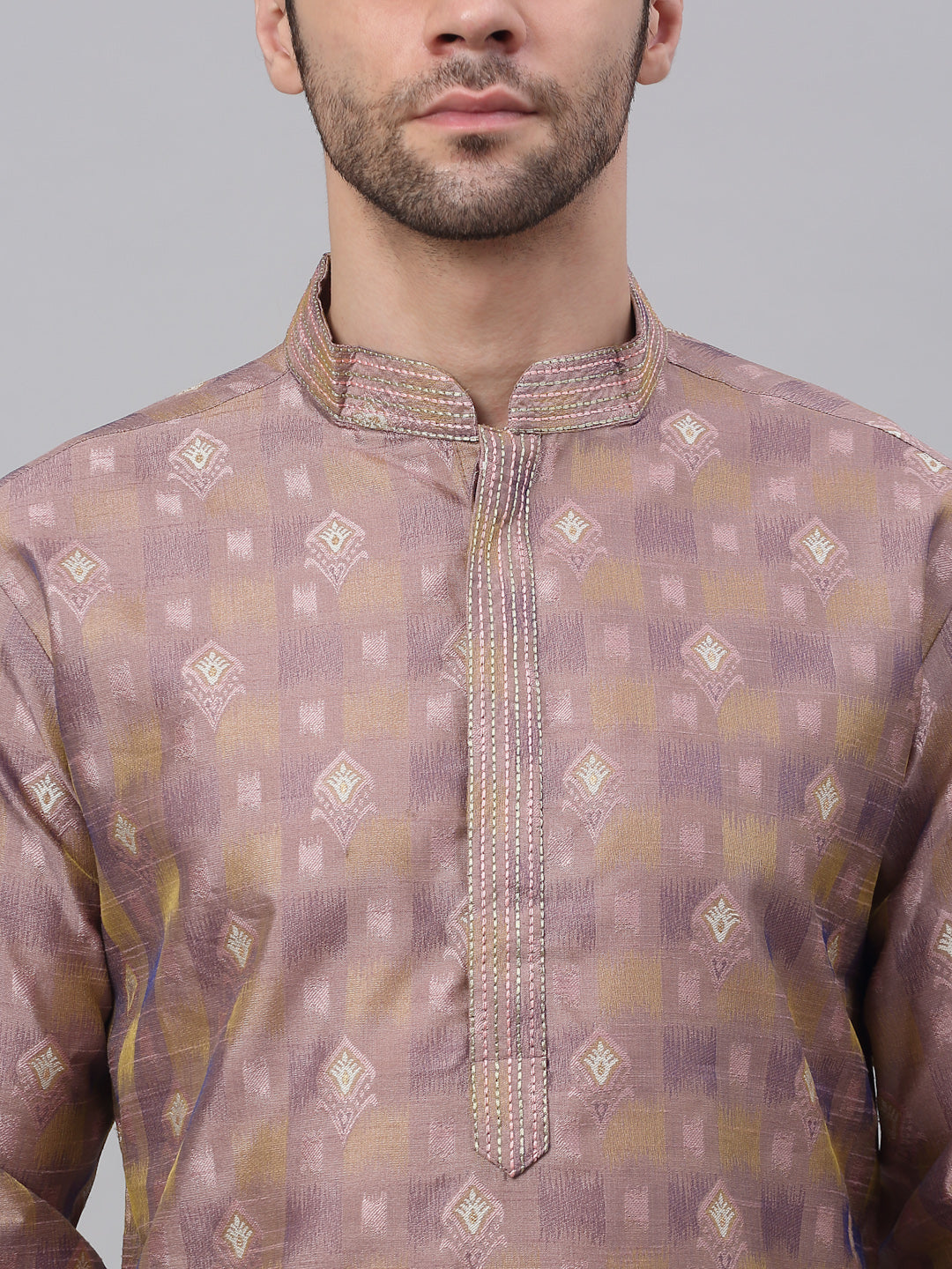 Men's Pink Collar Embroidered Woven Design Kurta Pyjama ( Ko 672 Pink ) - Virat Fashions
