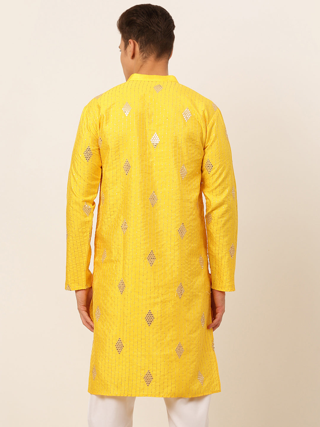 Men's Mustard Yellow Embroidered Sequinned Kurta Only ( Ko 673 Mustard ) - Virat Fashions