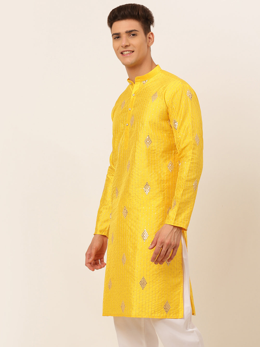 Men's Mustard Yellow Embroidered Sequinned Kurta Only ( Ko 673 Mustard ) - Virat Fashions