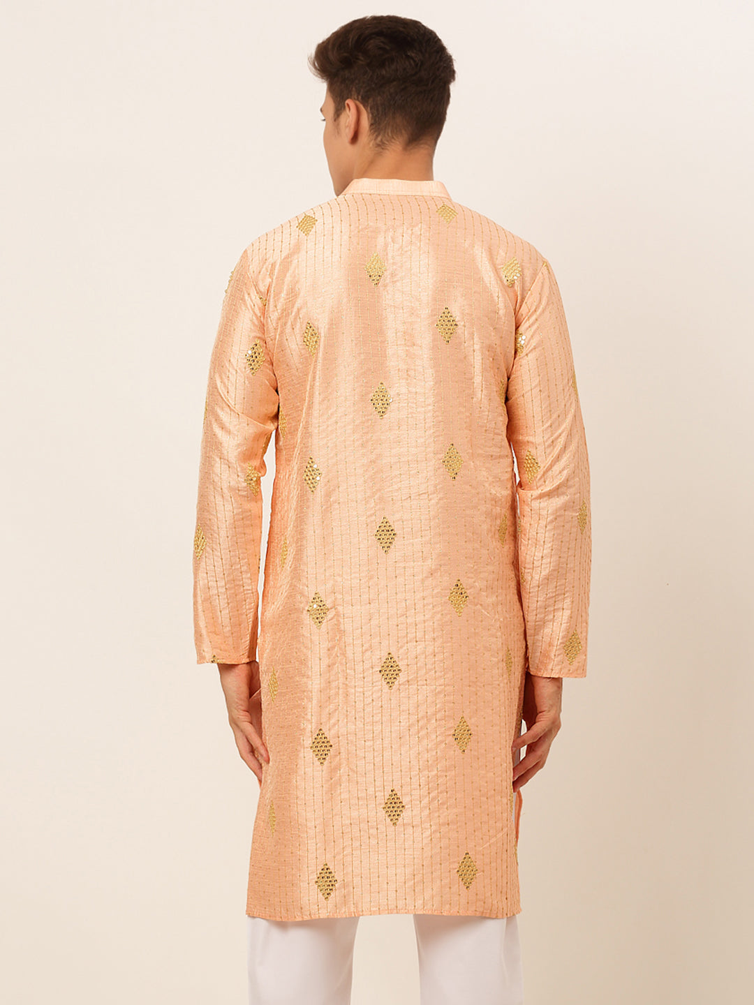Men's Peach Embroidered Sequinned Kurta Only ( Ko 673 Peach ) - Virat Fashions