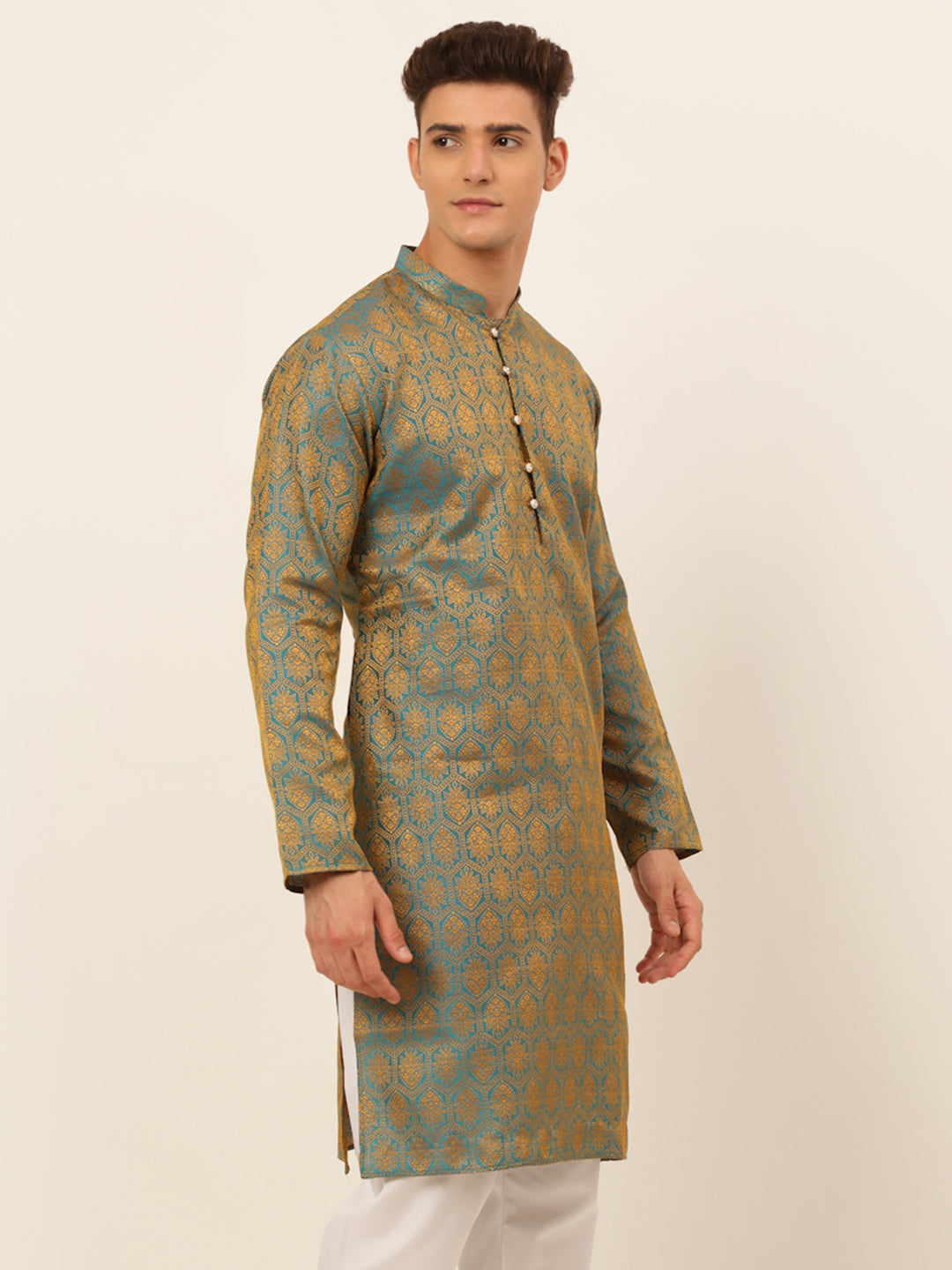 Men's Blue And Golden Woven Design Kurta Only ( Ko 674 Blue ) - Virat Fashions