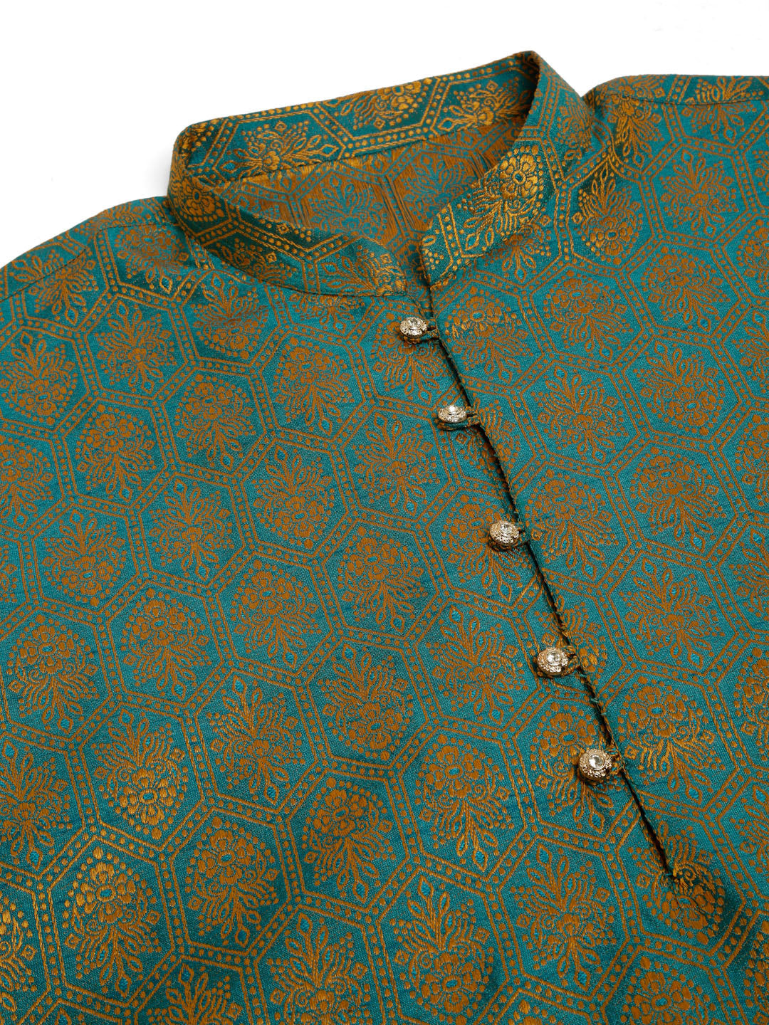 Men's Blue And Golden Woven Design Kurta Only ( Ko 674 Blue ) - Virat Fashions