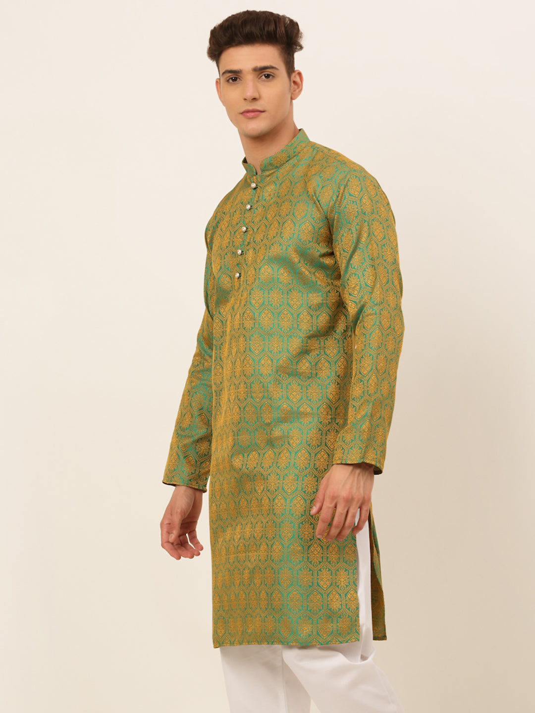 Men's Green And Golden Woven Design Kurta Only ( Ko 674 Green ) - Virat Fashions