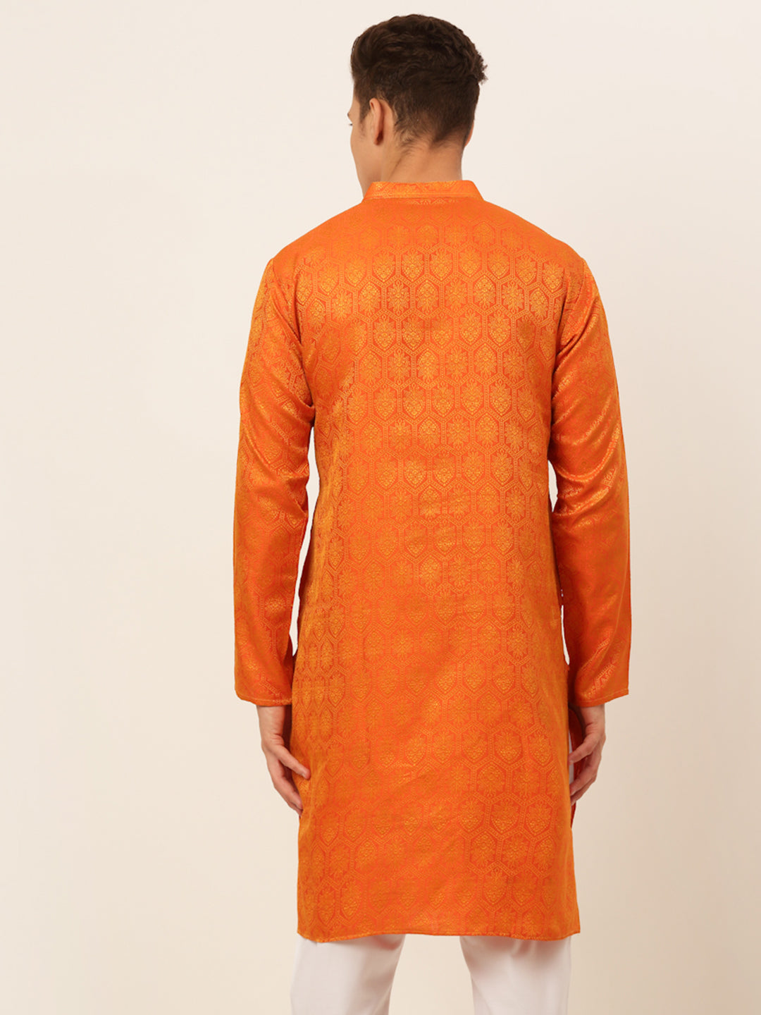 Men's Orange And Golden Woven Design Kurta Only ( Ko 674 Orange ) - Virat Fashions