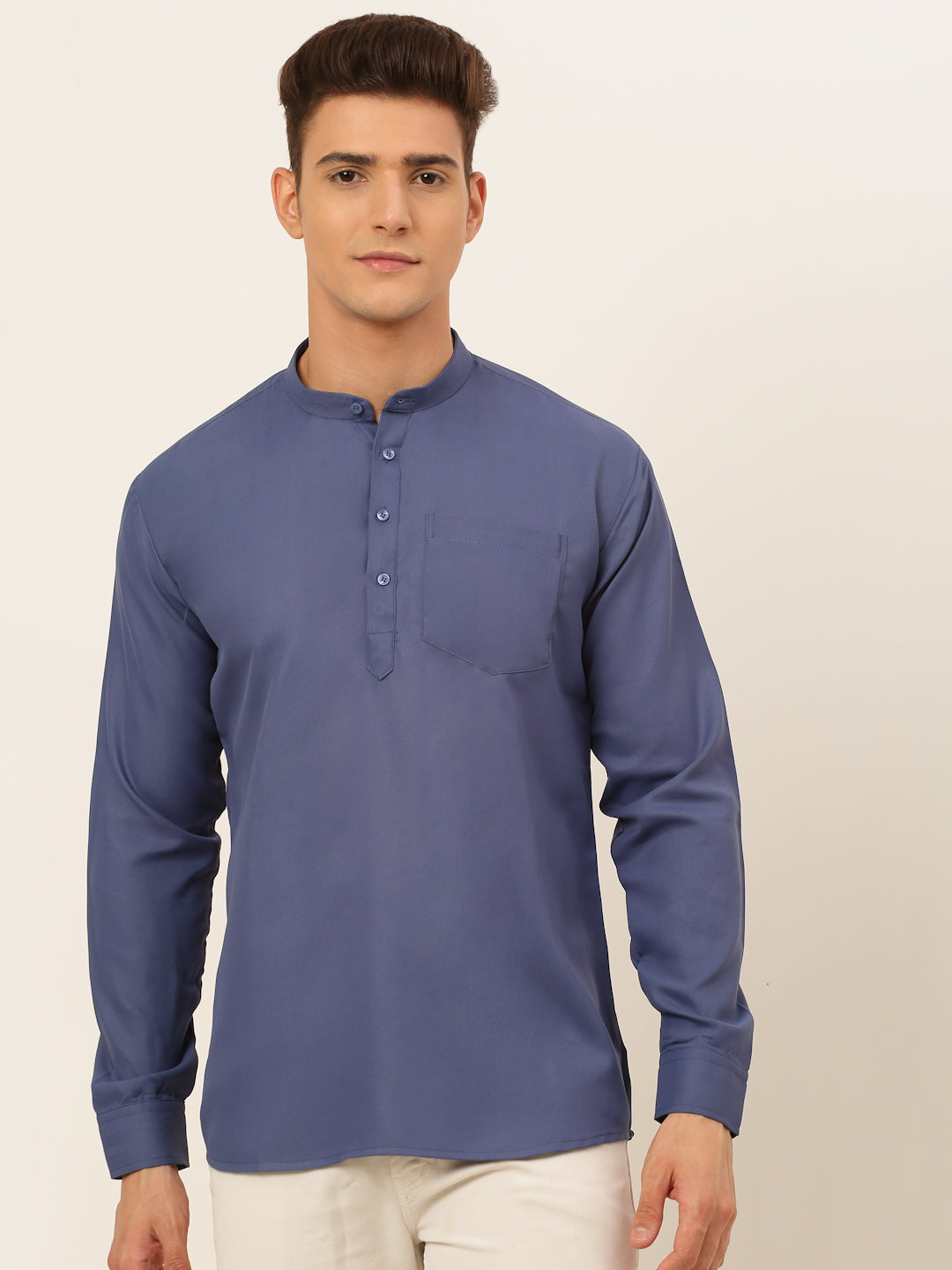 Men's Blue Solid Cotton Short Kurta ( Ko 677 Blue ) - Virat Fashions