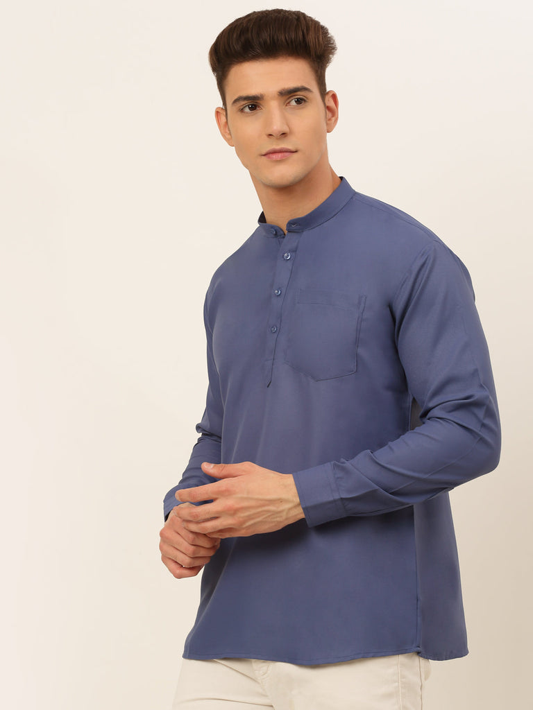 Men's Blue Solid Cotton Short Kurta ( Ko 677 Blue )