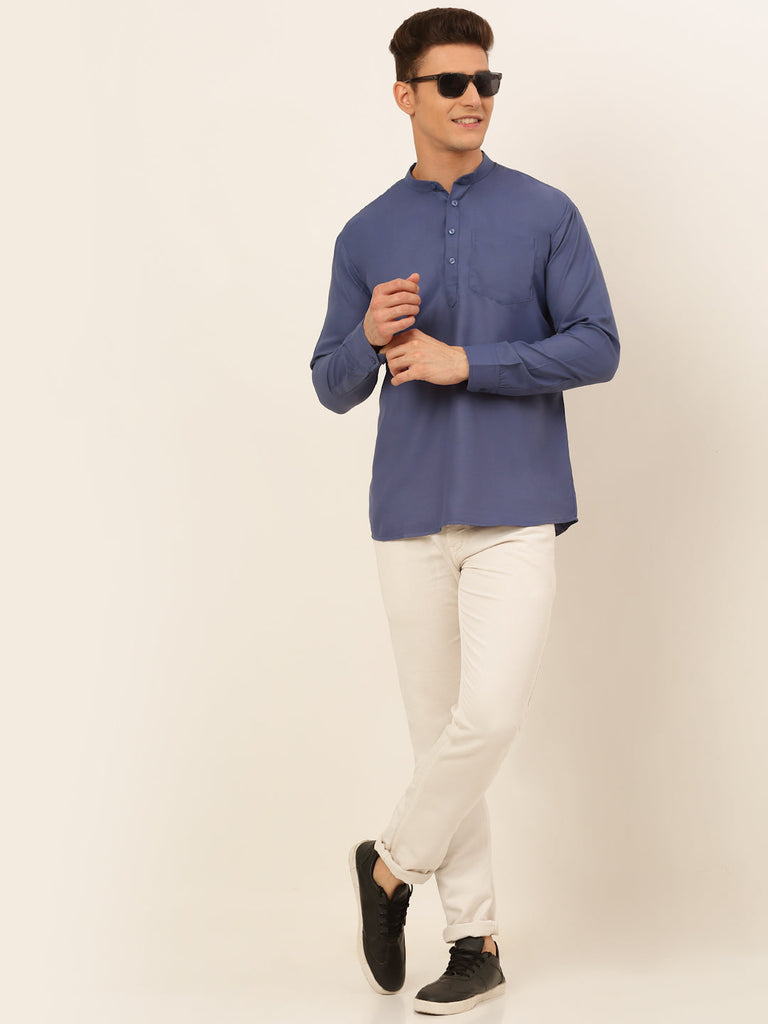 Men's Blue Solid Cotton Short Kurta ( Ko 677 Blue )
