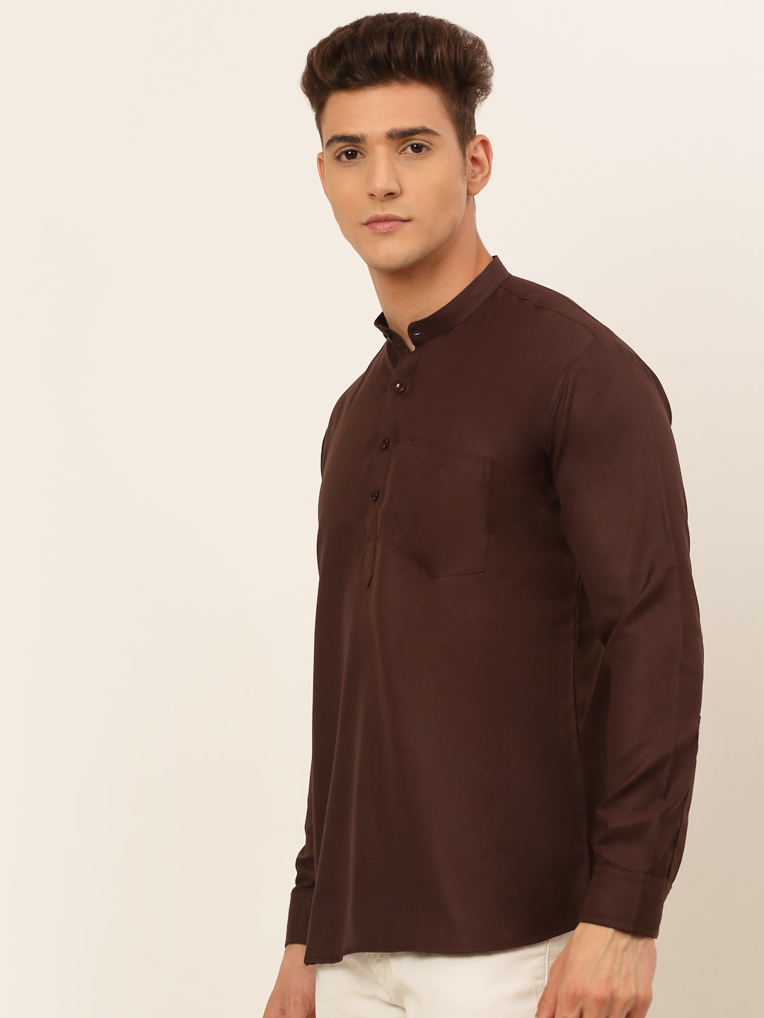 Men's Coffee Solid Cotton Short Kurta Ko 677 Coffee