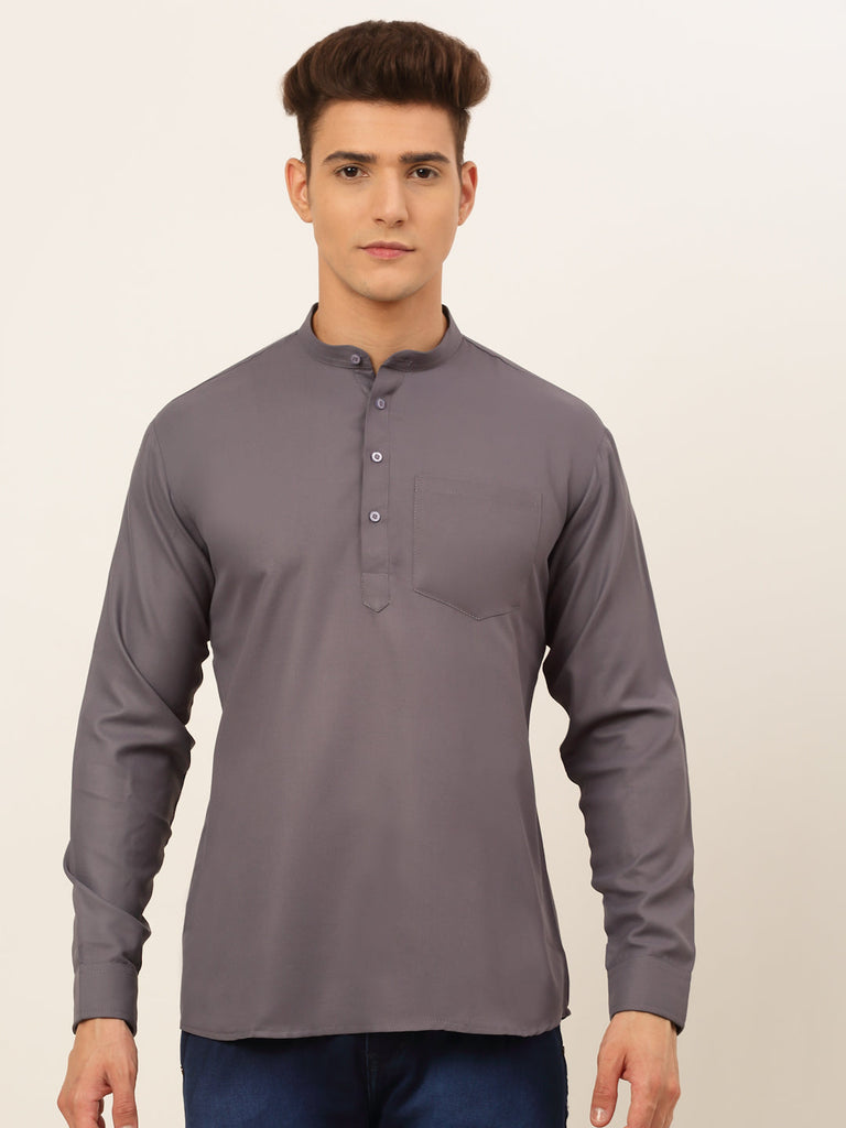 Men's Grey Solid Cotton Short Kurta ( Ko 677 Grey )