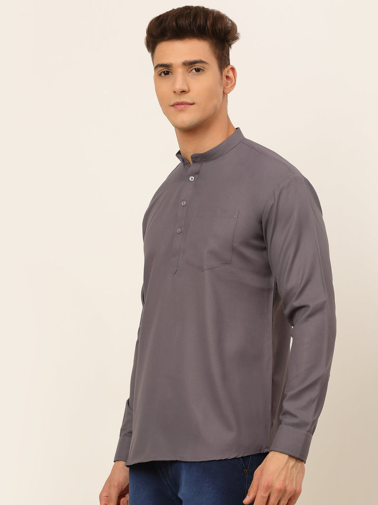 Men's Grey Solid Cotton Short Kurta ( Ko 677 Grey )