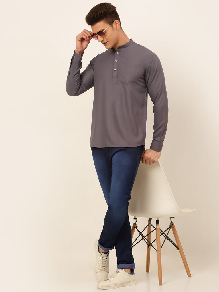 Men's Grey Solid Cotton Short Kurta ( Ko 677 Grey )