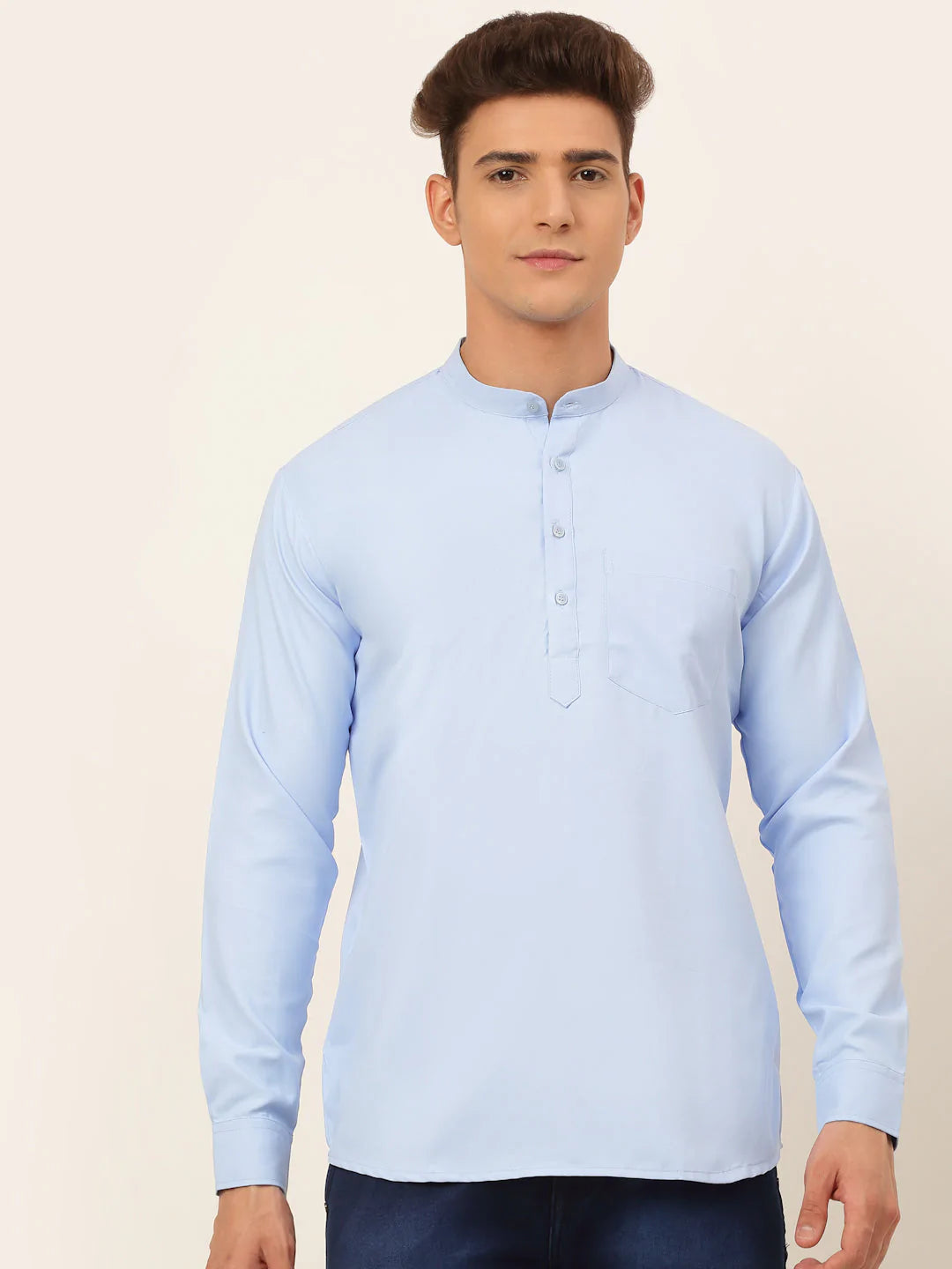 Men's Light-Blue Solid Cotton Short Kurta ( KO 677 Light-Blue ) - Virat Fashions