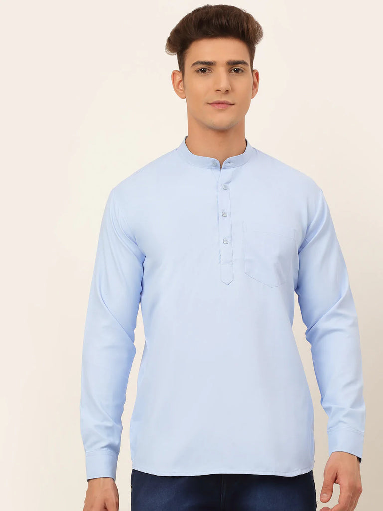 Men's Light-Blue Solid Cotton Short Kurta ( KO 677 Light-Blue )