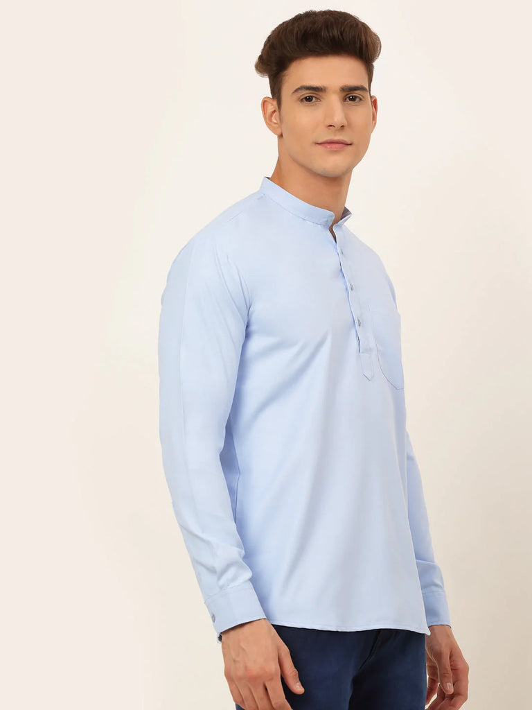 Men's Light-Blue Solid Cotton Short Kurta ( KO 677 Light-Blue )
