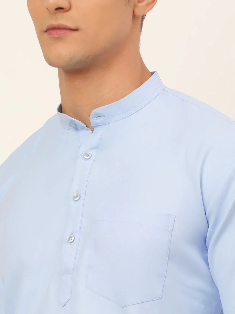 Men's Light-Blue Solid Cotton Short Kurta ( KO 677 Light-Blue )