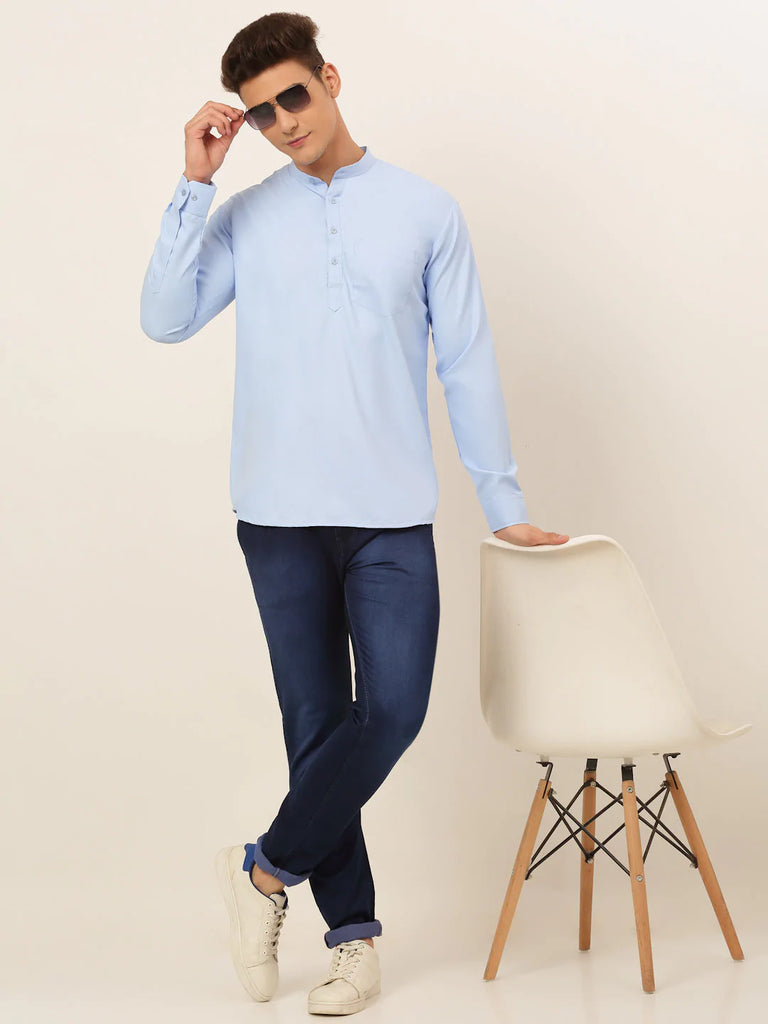 Men's Light-Blue Solid Cotton Short Kurta ( KO 677 Light-Blue )