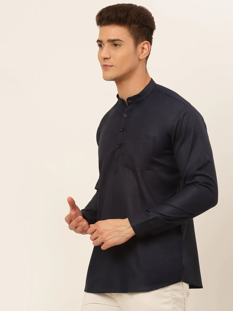 Men's Navy-Blue Solid Cotton Short Kurta ( KO 677 Navy )