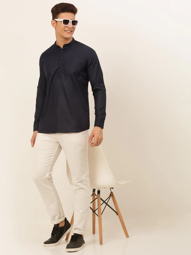 Men's Navy-Blue Solid Cotton Short Kurta ( KO 677 Navy )
