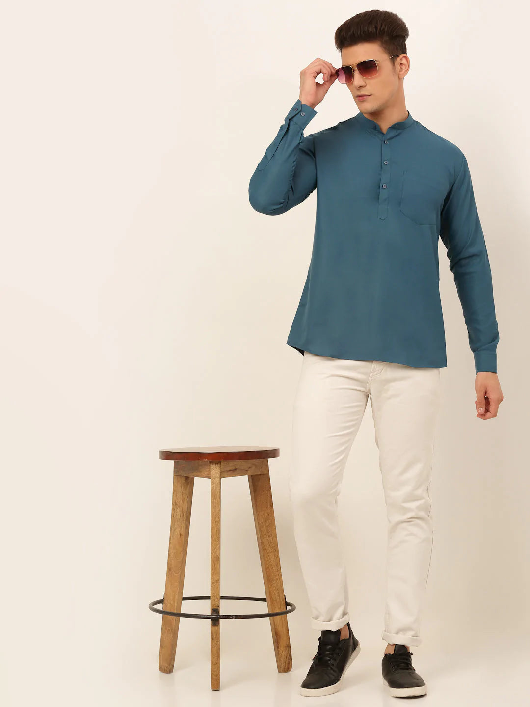 Men's Teal Blue Solid Cotton Short Kurta ( KO 677 Teal ) - Virat Fashions