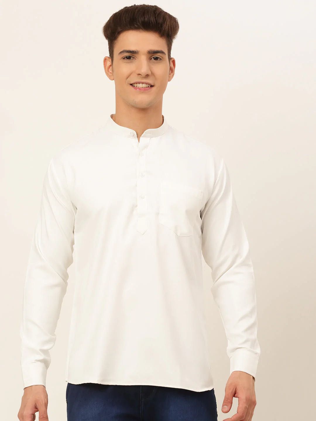 Men's White Solid Cotton Short Kurta ( KO 677 White ) - Virat Fashions