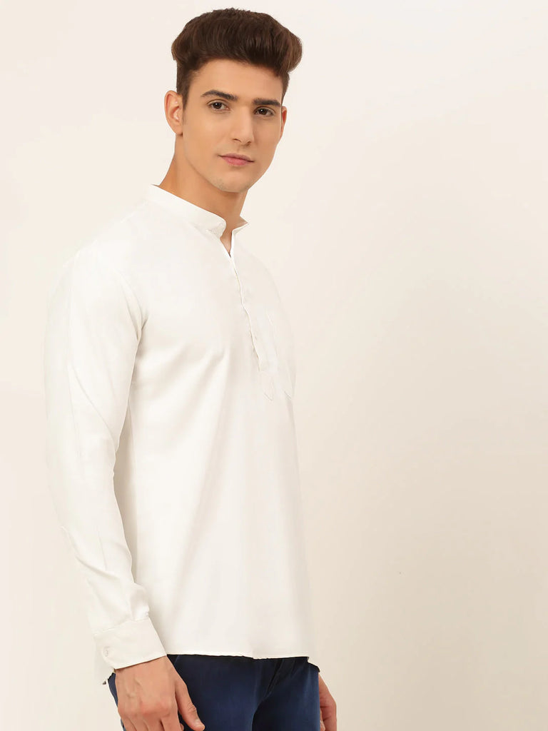 Men's White Solid Cotton Short Kurta ( KO 677 White )