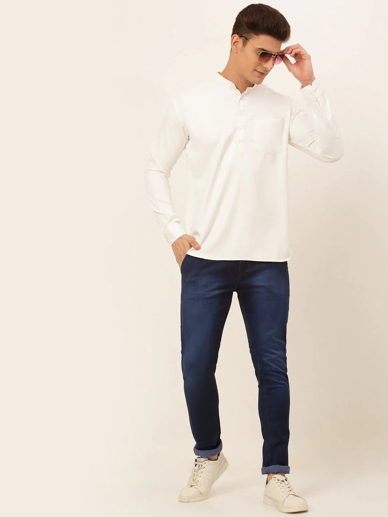 Men's White Solid Cotton Short Kurta ( KO 677 White )