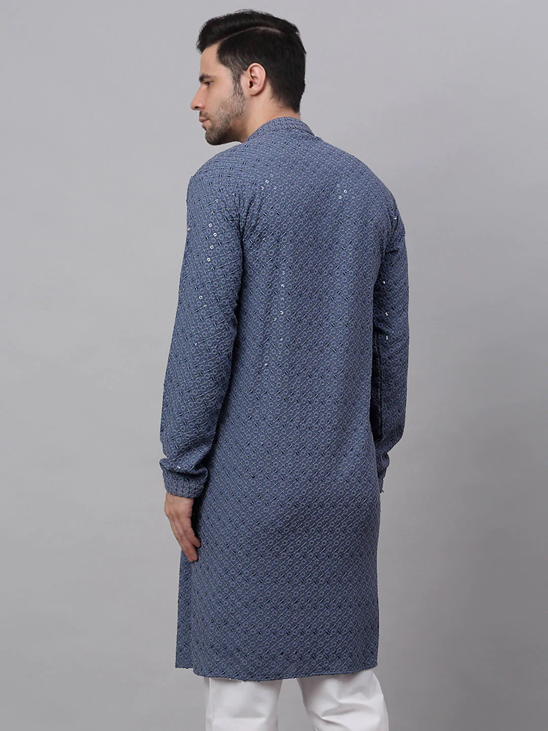 Men's Grey Chikankari Embroidered and Sequence Kurta Only ( KO 678 Grey ) - Virat Fashions