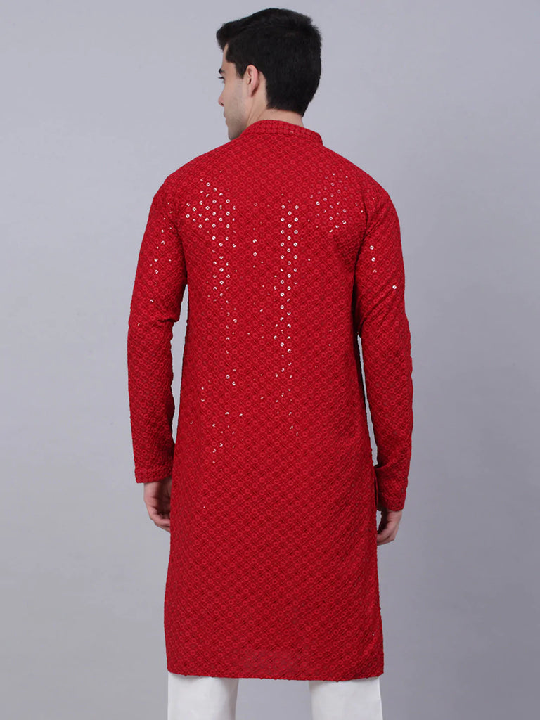 Men's Maroon Chikankari Embroidered and Sequence Kurta Only ( KO 678 Maroon )