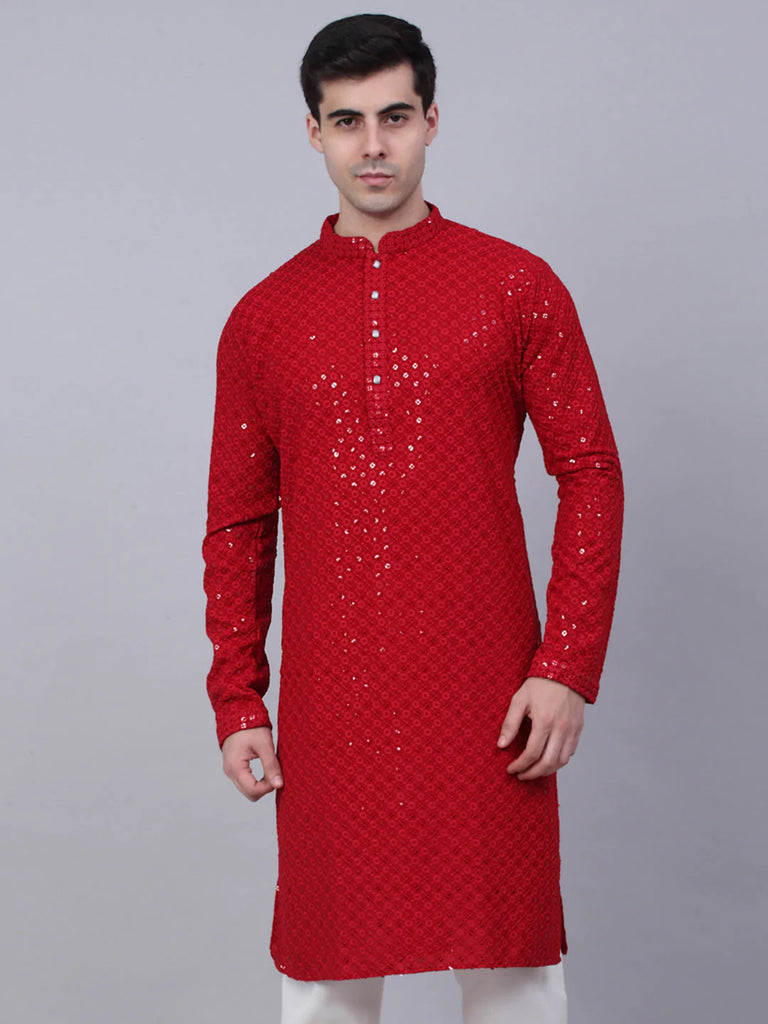 Men's Maroon Chikankari Embroidered and Sequence Kurta Only ( KO 678 Maroon )
