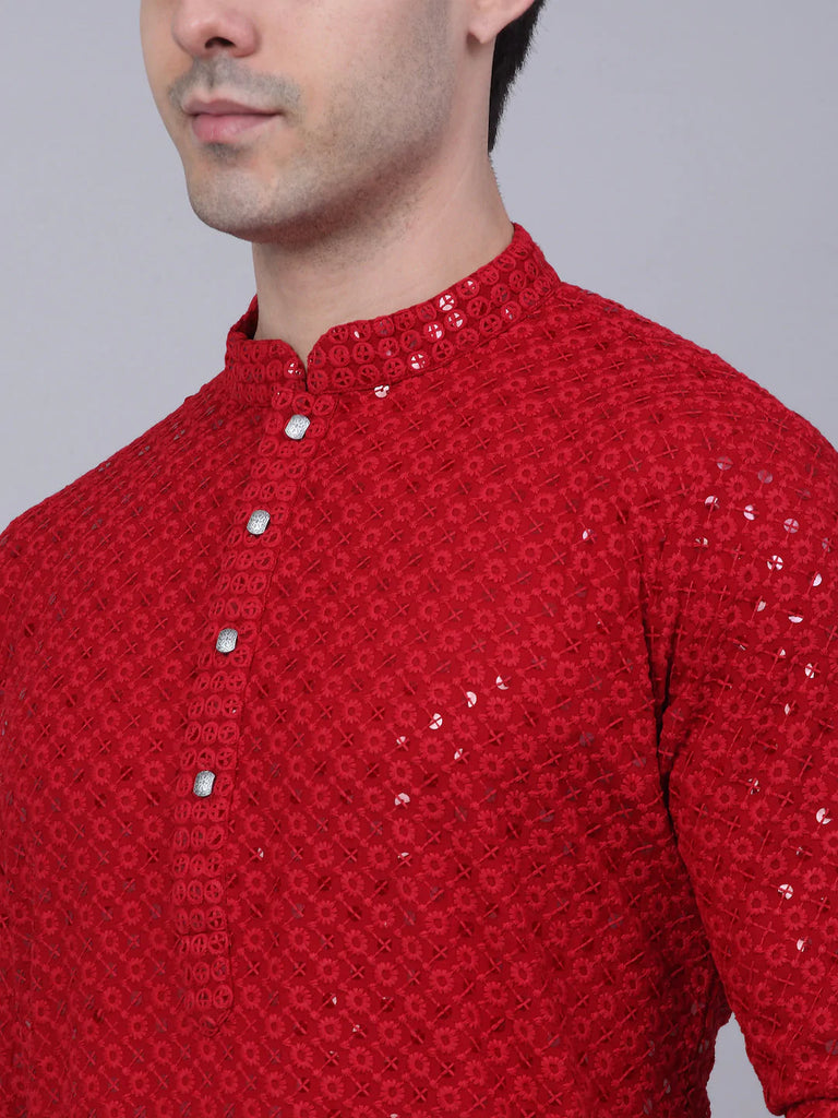 Men's Maroon Chikankari Embroidered and Sequence Kurta Only ( KO 678 Maroon )