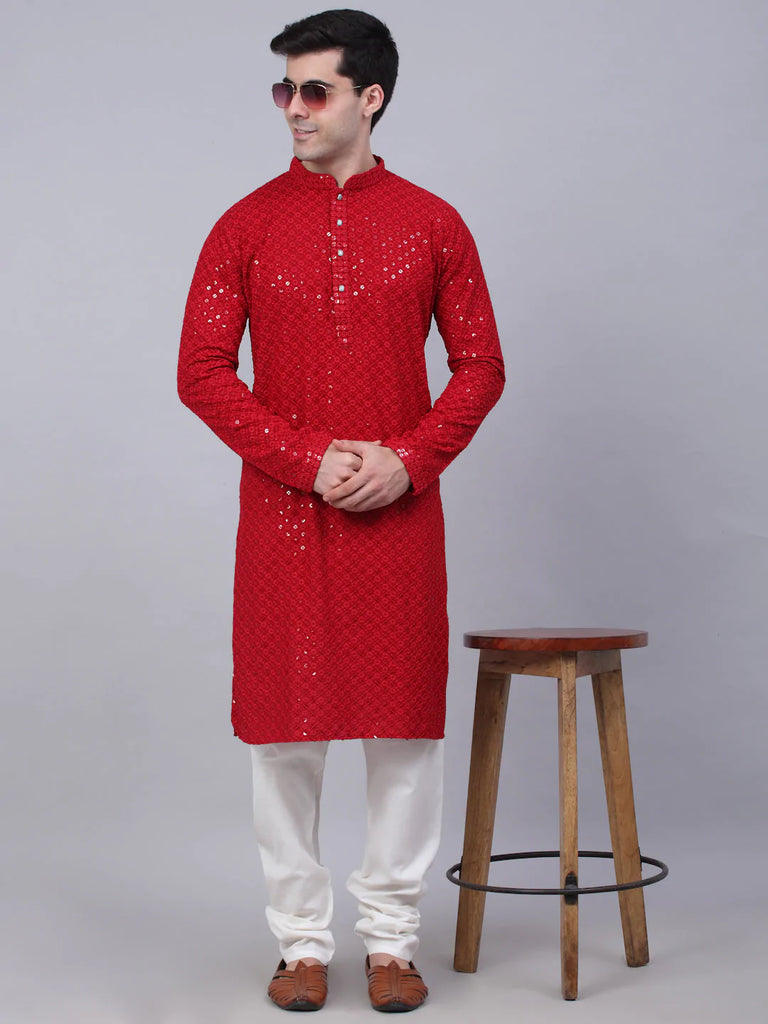 Men's Maroon Chikankari Embroidered and Sequence Kurta Only ( KO 678 Maroon )