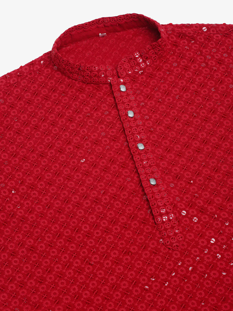 Men's Maroon Chikankari Embroidered and Sequence Kurta Only ( KO 678 Maroon )