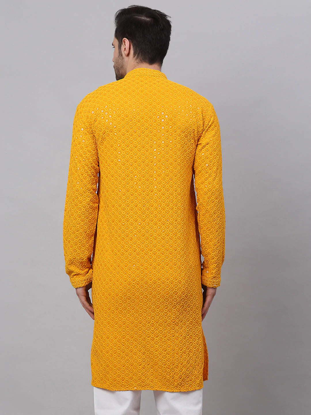 Men's Mustard Chikankari Embroidered and Sequence Kurta Only ( KO 678 Mustard ) - Virat Fashions