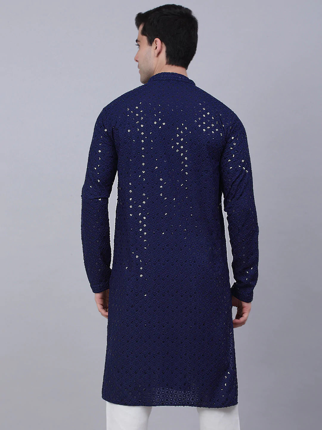 Men's Navy Blue Chikankari Embroidered and Sequence Kurta Only ( KO 678 Navy ) - Virat Fashions