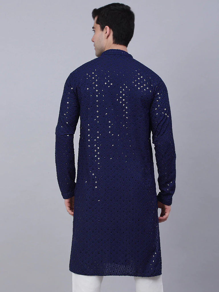 Men's Navy Blue Chikankari Embroidered and Sequence Kurta Only ( KO 678 Navy )