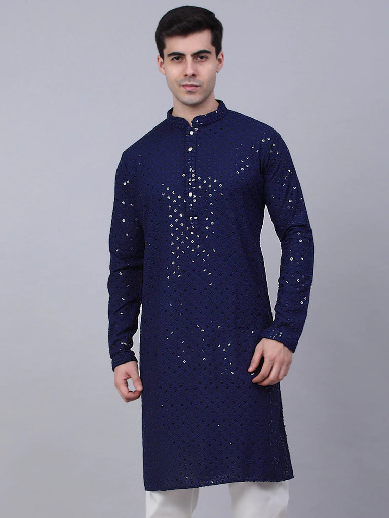 Men's Navy Blue Chikankari Embroidered and Sequence Kurta Only ( KO 678 Navy )
