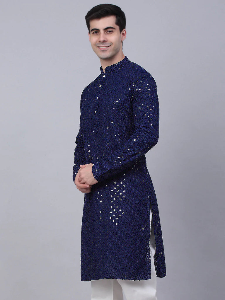 Men's Navy Blue Chikankari Embroidered and Sequence Kurta Only ( KO 678 Navy )