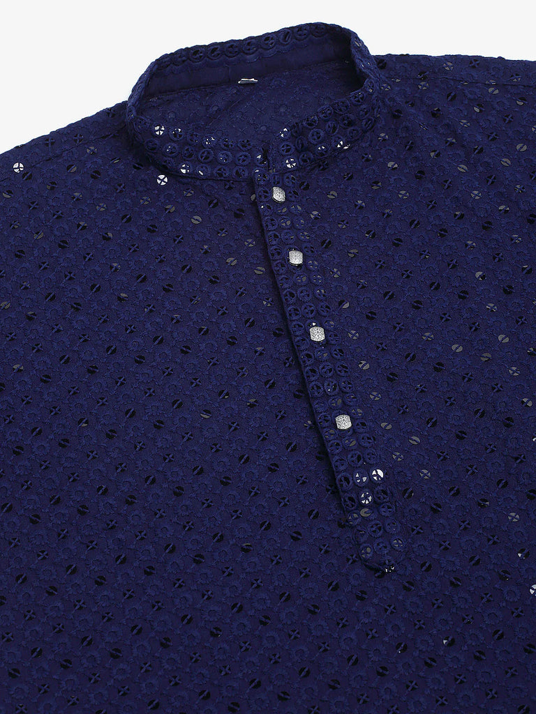 Men's Navy Blue Chikankari Embroidered and Sequence Kurta Only ( KO 678 Navy )