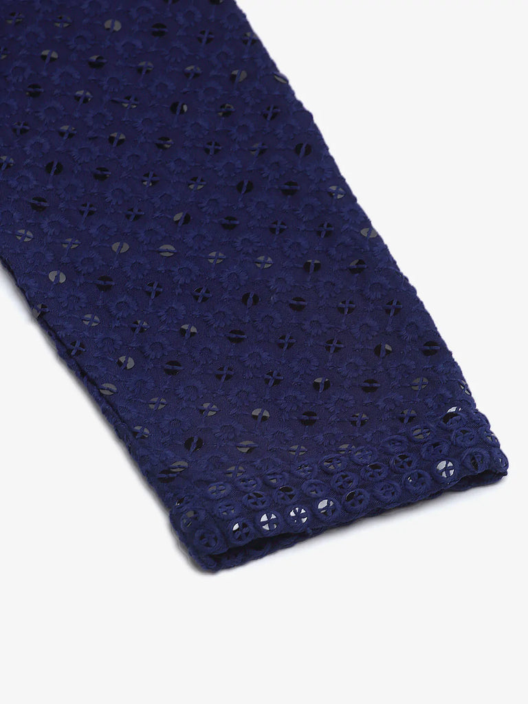 Men's Navy Blue Chikankari Embroidered and Sequence Kurta Only ( KO 678 Navy )