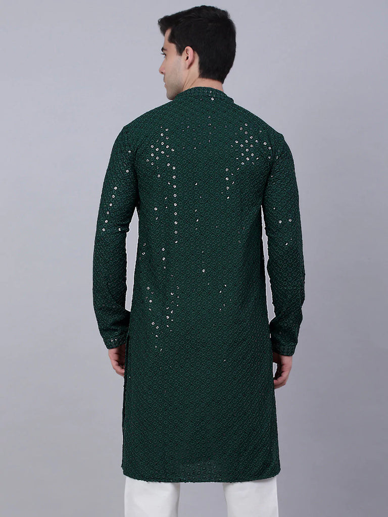 Men's Olive Green Chikankari Embroidered and Sequence Kurta Only ( KO 678 Olive )