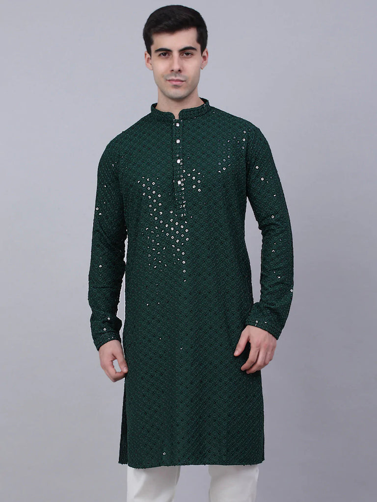 Men's Olive Green Chikankari Embroidered and Sequence Kurta Only ( KO 678 Olive )