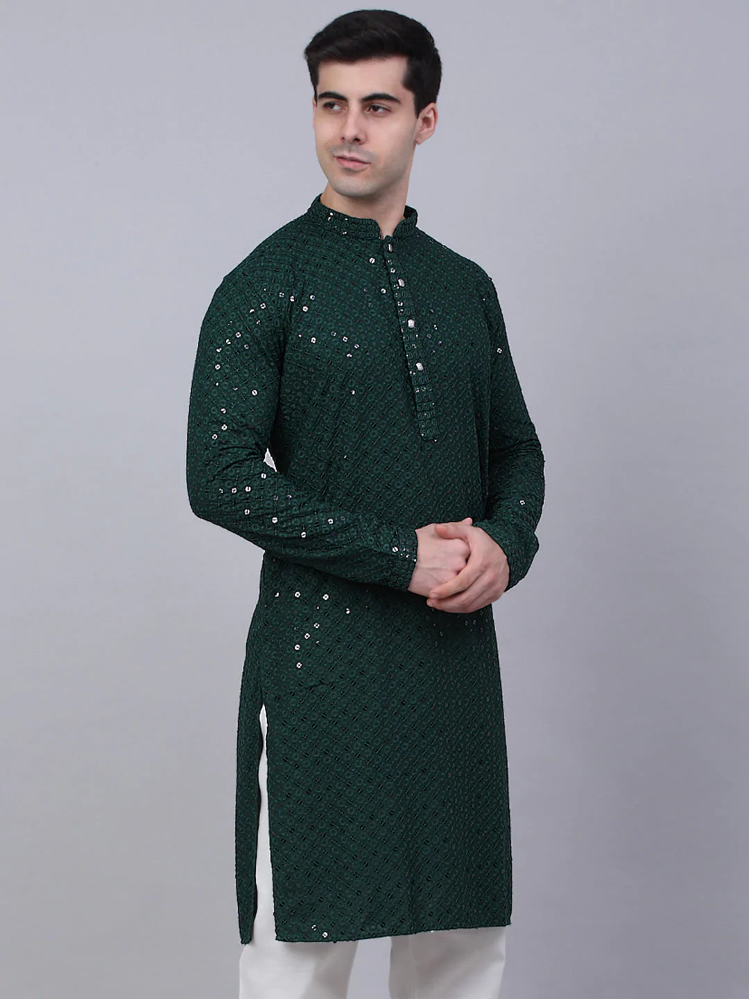Men's Olive Green Chikankari Embroidered and Sequence Kurta Only ( KO 678 Olive ) - Virat Fashions