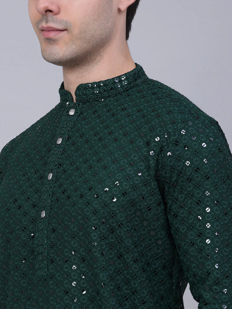Men's Olive Green Chikankari Embroidered and Sequence Kurta Only ( KO 678 Olive )