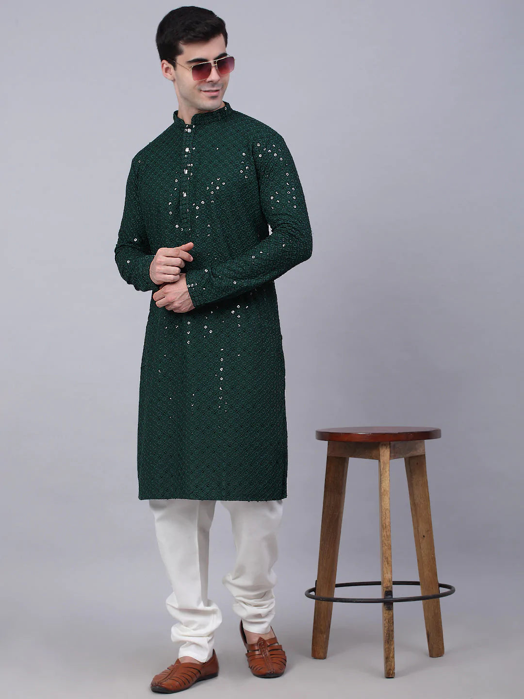 Men's Olive Green Chikankari Embroidered and Sequence Kurta Only ( KO 678 Olive ) - Virat Fashions