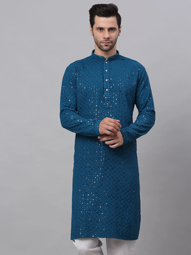Men's Blue Chikankari Embroidered and Sequence Kurta Only ( KO 678 Peacock )