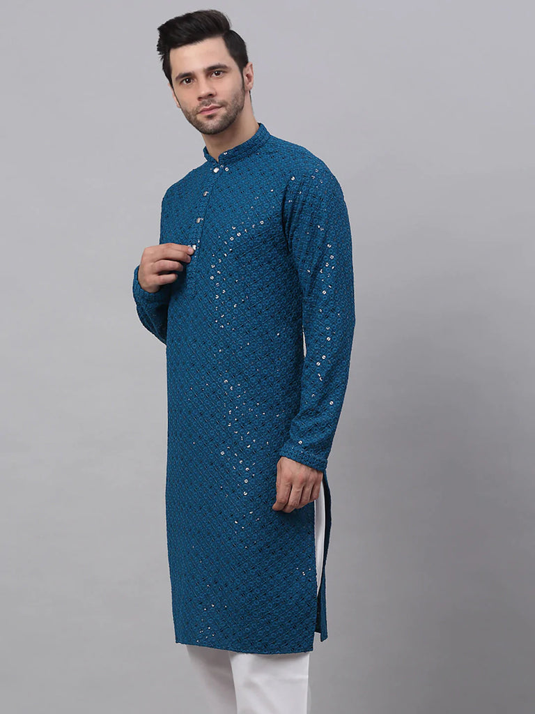 Men's Blue Chikankari Embroidered and Sequence Kurta Only ( KO 678 Peacock )