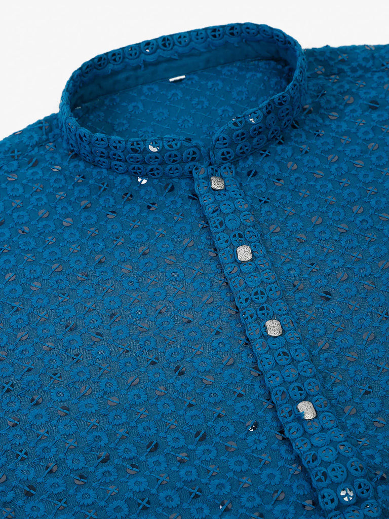 Men's Blue Chikankari Embroidered and Sequence Kurta Only ( KO 678 Peacock )