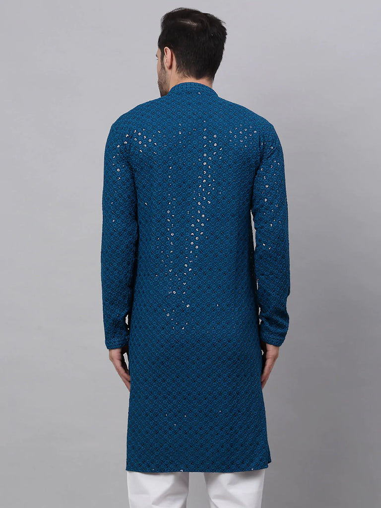 Men's Blue Chikankari Embroidered and Sequence Kurta Only ( KO 678 Peacock )